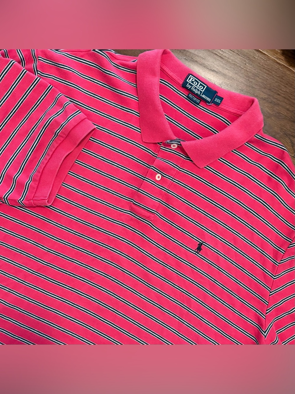 Polo Ralph Lauren Men’s Polo Shirt Pink/ Navy Blue Stripe XXL Pony 100% Cotton